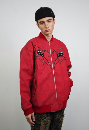 Spider patchwork jacket red faux leather punk college bomber