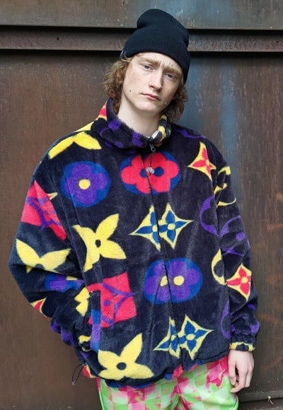 Floral fleece jacket handmade reversible geometric bomber