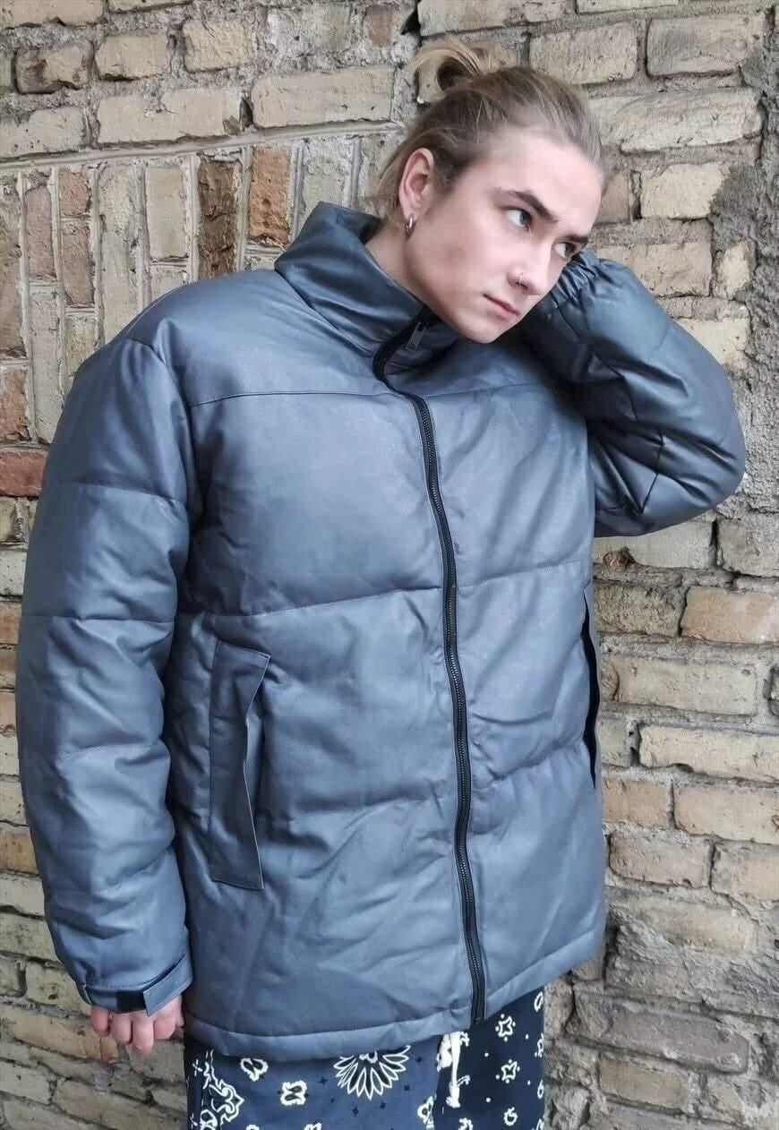 Faux leather quilted bomber PU padded puffer jacket in blue