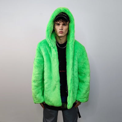 Hooded neon faux fur jacket shaggy coat bright raver bomber fluffy trench winter fleece festival jacket burning man overcoat in green