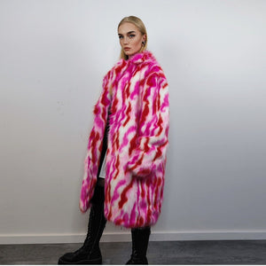 Faux fur long striped coat zebra trench neon raver bomber fluffy tie-dye winter fleece festival jacket burning man going out coat red pink