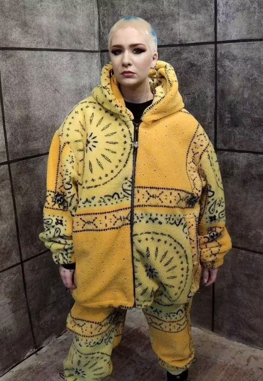 Paisley fleece jacket yellow bandanna faux fur fluffy bomber