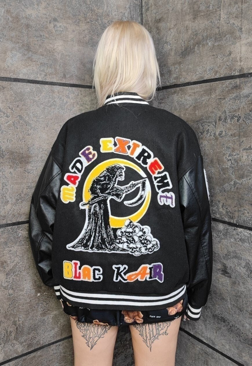 Bones varsity jacket faux leather skeleton baseball bomber