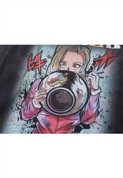 Anime t-shirt vintage wash Android 11 top long tee acid grey