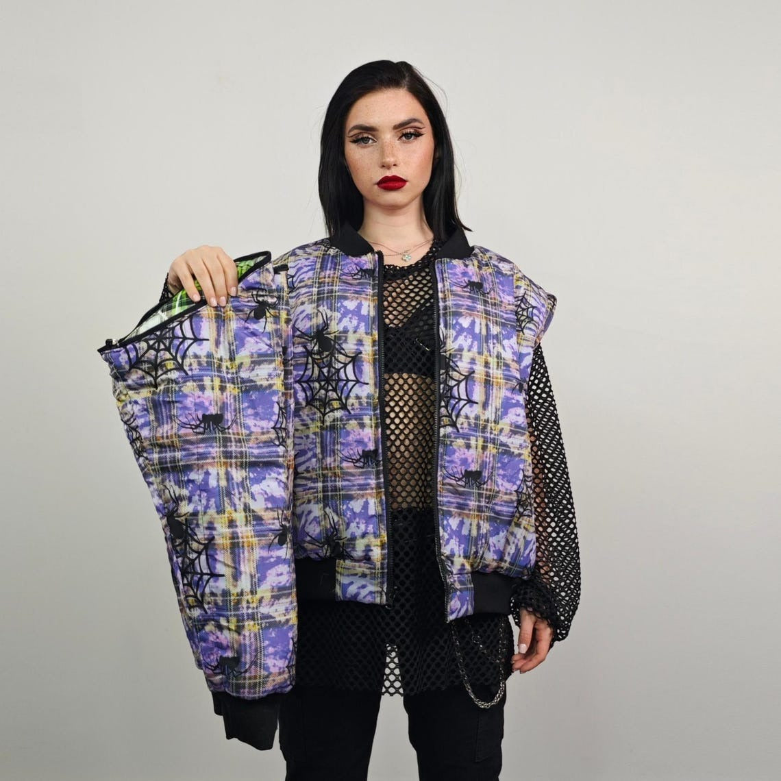 Spider web print jacket purple tie-dye bomber plaid check puffer punk reversible college varsity detachable sleeves handmade tartan coat