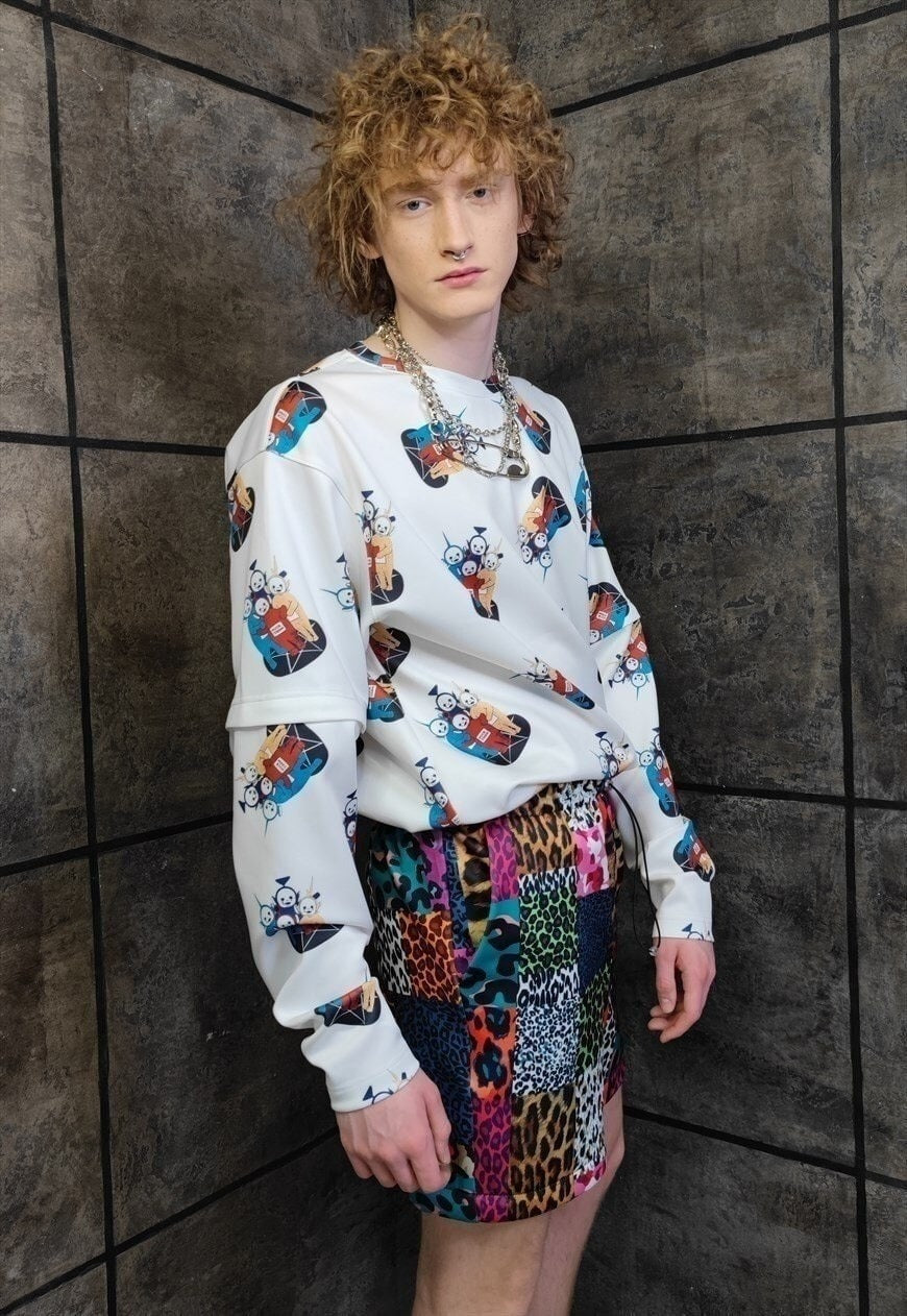 Leopard shorts handmade animal print overalls in blue brown