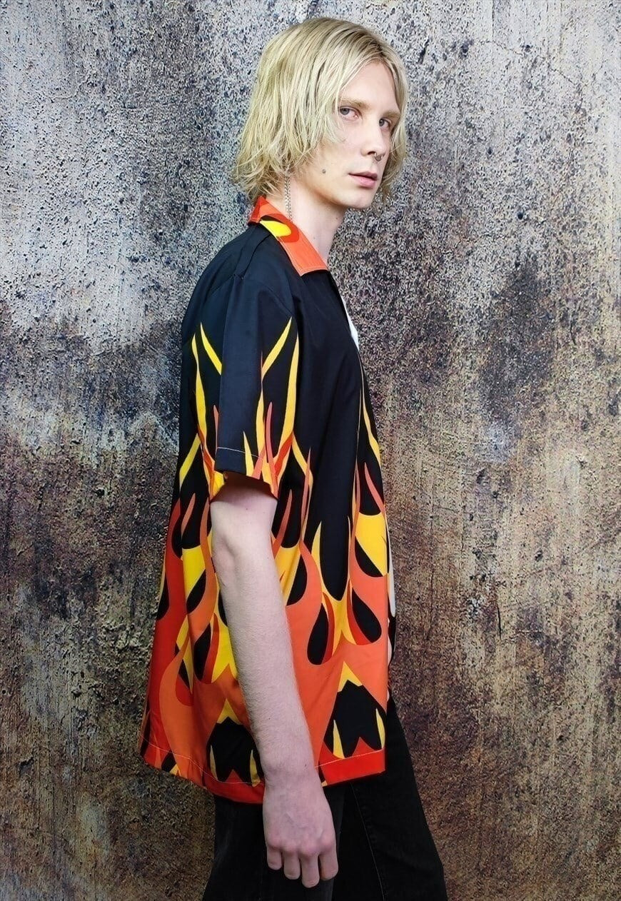 Racer shirt flame print short sleeve top in white red