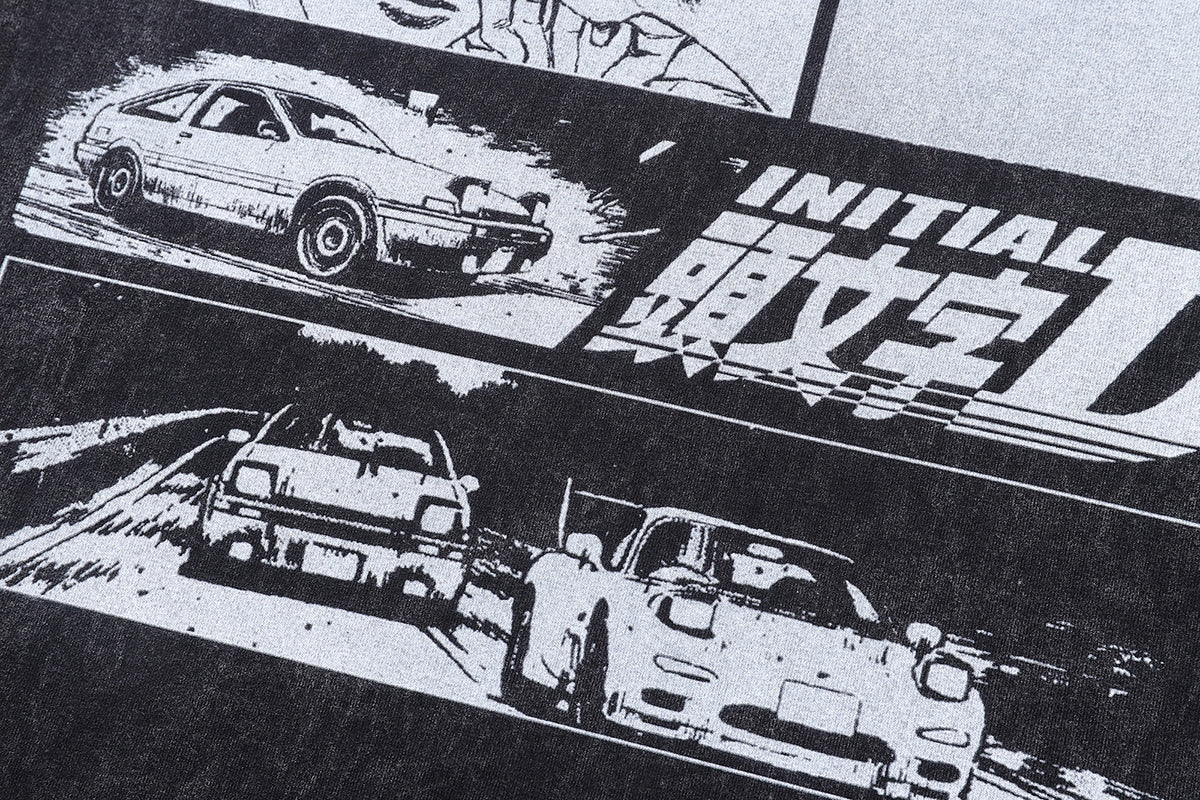 Black white anime t-shirt racing cartoon tee Japanese top in vintage grey