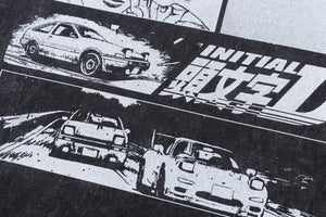 Black white anime t-shirt racing cartoon tee Japanese top in vintage grey