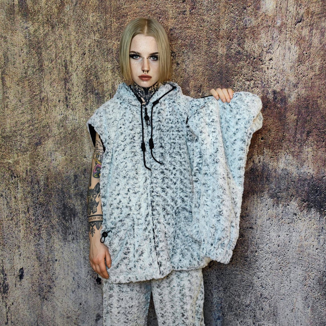 Fluffy fleece jacket hooded geometric bomber luxury grunge coat detachable sleeves handmade rose pattern overcoat fuzzy festival set grey