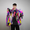 Patch faux fur jacket raised neck coat bright raver bomber fluffy rainbow fleece bright festival track jacket burning man overcoat pink grey