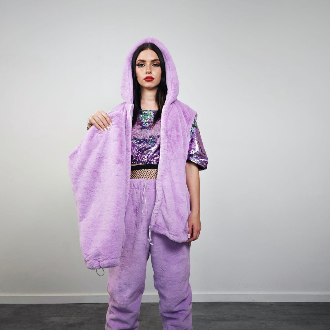 Faux fur hooded coat lilac soft fleece hoodie luxury fluffy jacket detachable sleeves handmade solid color party overcoat fuzzy festival set