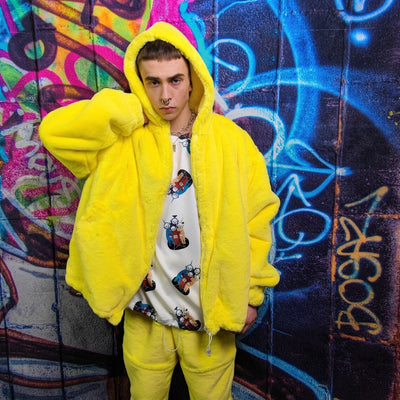 Pink fleece jacket handmade detachable fluffy bomber fluorescent faux fur premium raver coat in bright neon yellow