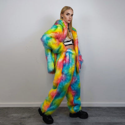 Hooded rainbow fur jacket unicorn bomber neon raver puffer fluffy tie-dye fleece psychedelic festival coat burning man party trench orange