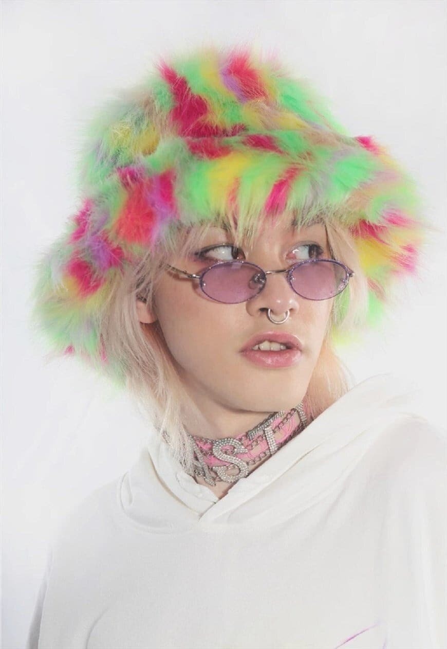 Festival faux fur bucket hat fluffy neon hat tropical print