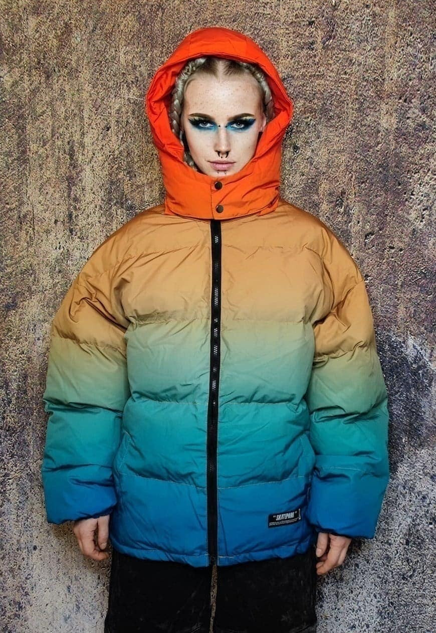 Gradient rainbow bomber tie-dye jacket rave puffer orange