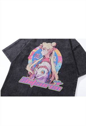 Anime t-shirt Sailor Moon print tee retro Japanese top grey