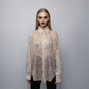 Transparent sequin mesh shirt long sleeve tassels blouse sheer catwalk jumper party see-through top curved shiny festival top in cream