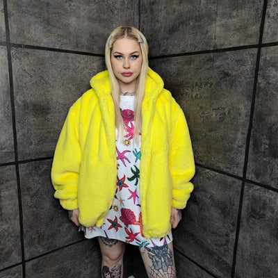 Yellow fleece jacket handmade detachable fluffy bomber fluorescent faux fur premium raver coat in bright neon yellow