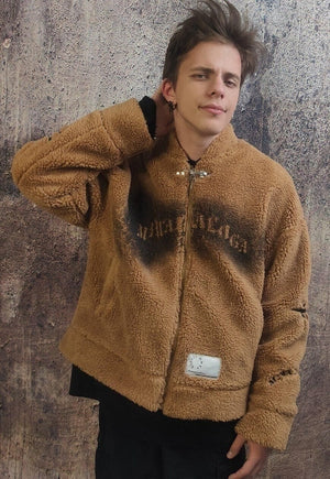 Graffiti fleece varsity jacket fluffy punk bomber coat brown