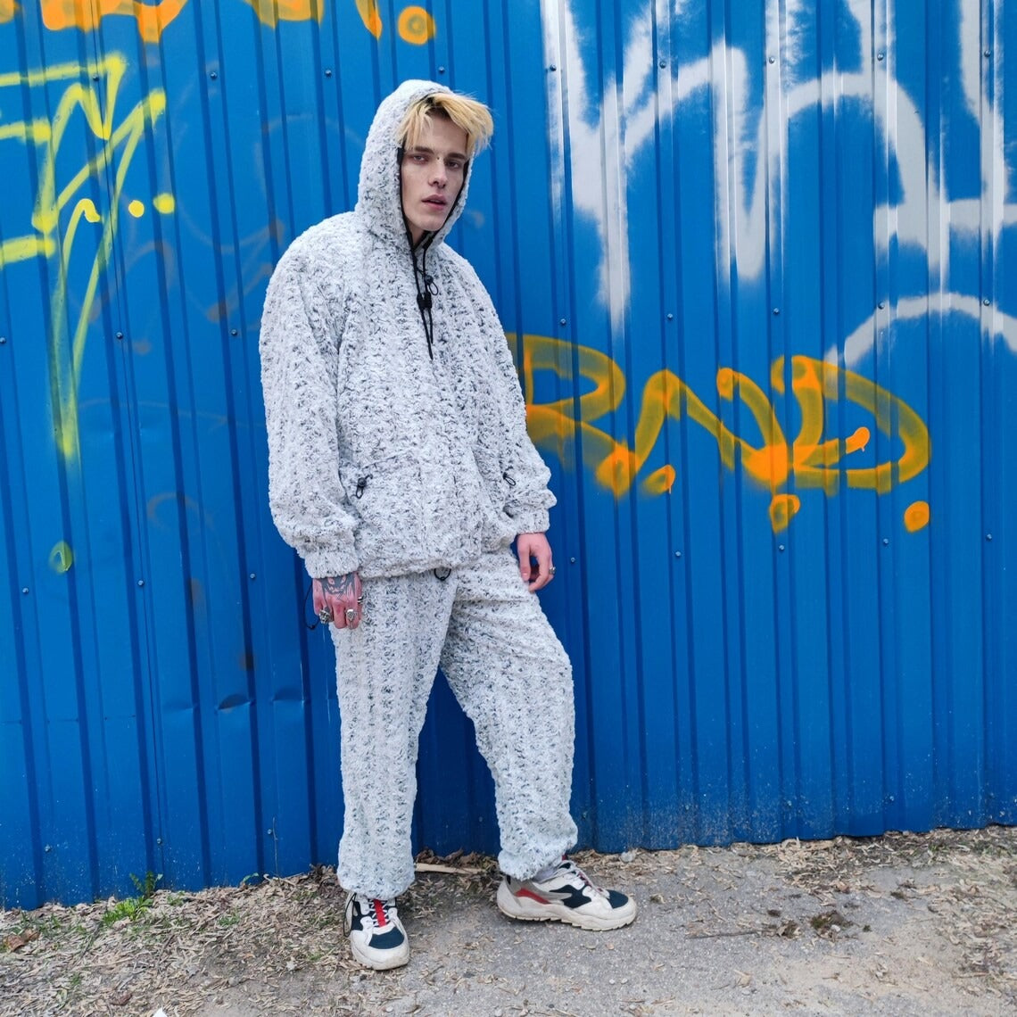 Fluffy fleece joggers grey geometric trousers luxury rose pattern pants handmade party hotpants distressed festival set raver tracksuit