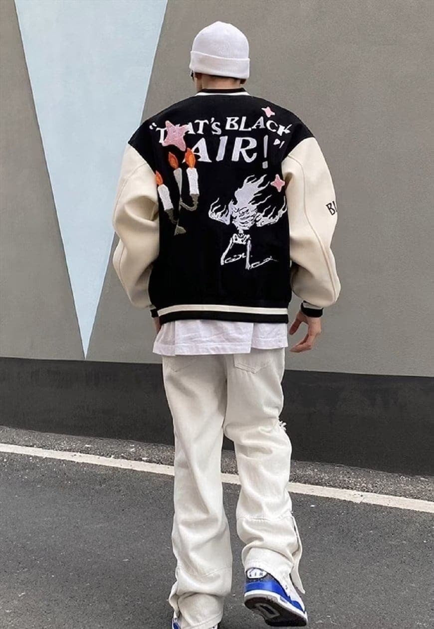 Flame varsity jacket faux leather skeleton bomber in black