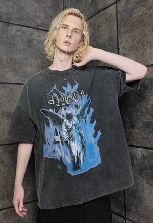 Premium grunge t-shirt vintage wash angel tee in acid black