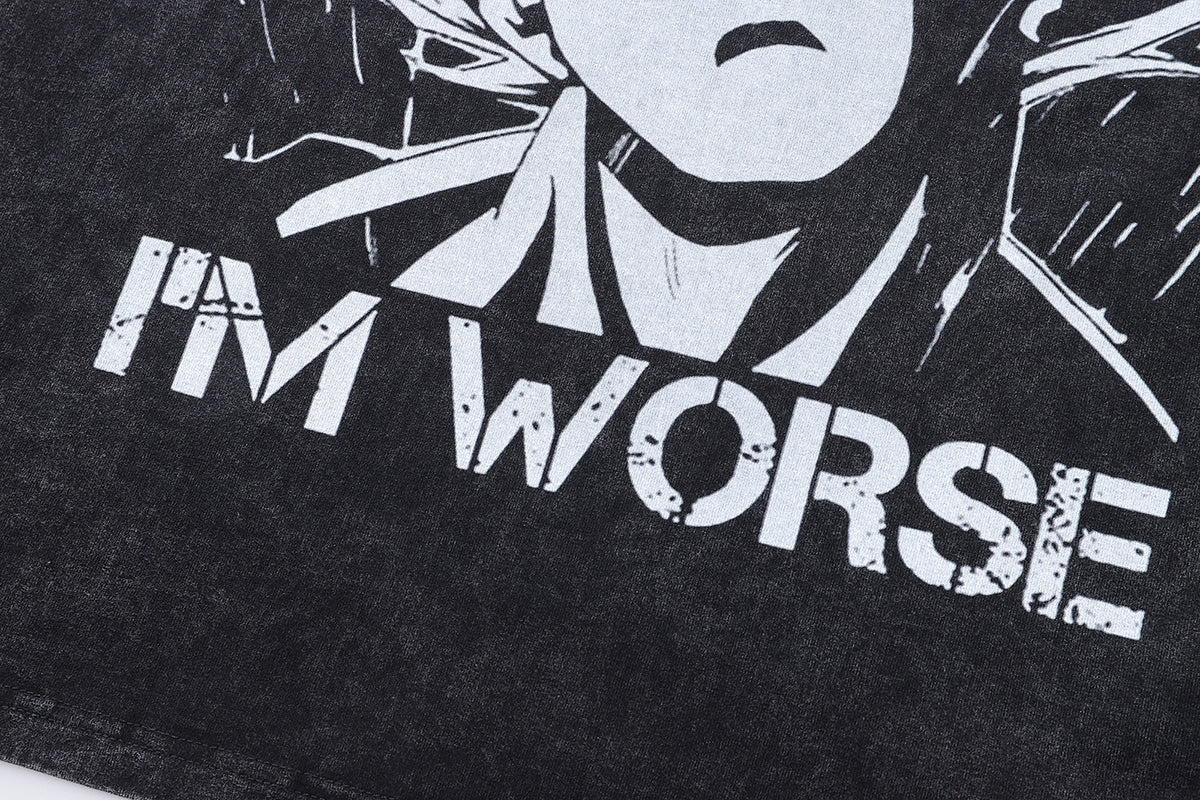 Anime t-shirt monster slogan tee y2k Japanese cartoon top in vintage grey