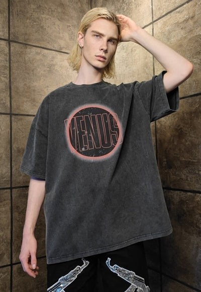 Venus t-shirt premium vintage wash planet tee in acid grey