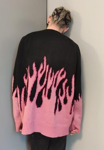 Oversize flame sweater grunge knitted fire jumper in pink