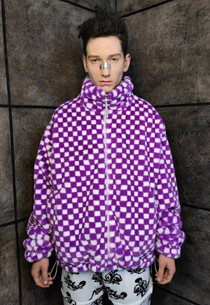 Reversible check fleece jacket handmade Vans chess coat