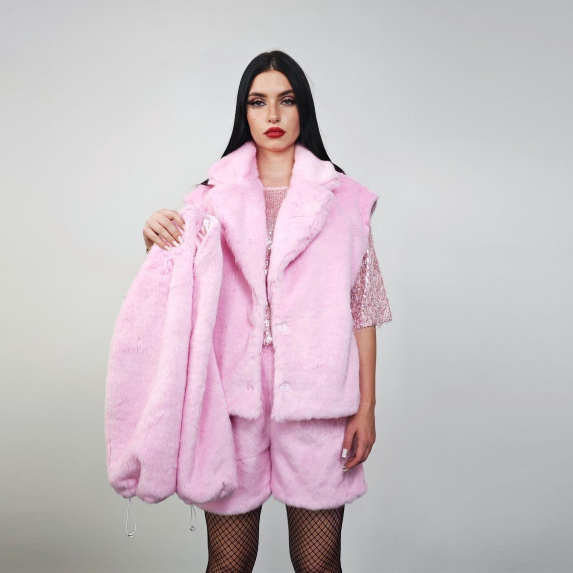 Short faux fur coat pastel pink fuzzy trench hairy crop jacket detachable sleeves handmade solid pattern party overcoat fluffy festival set