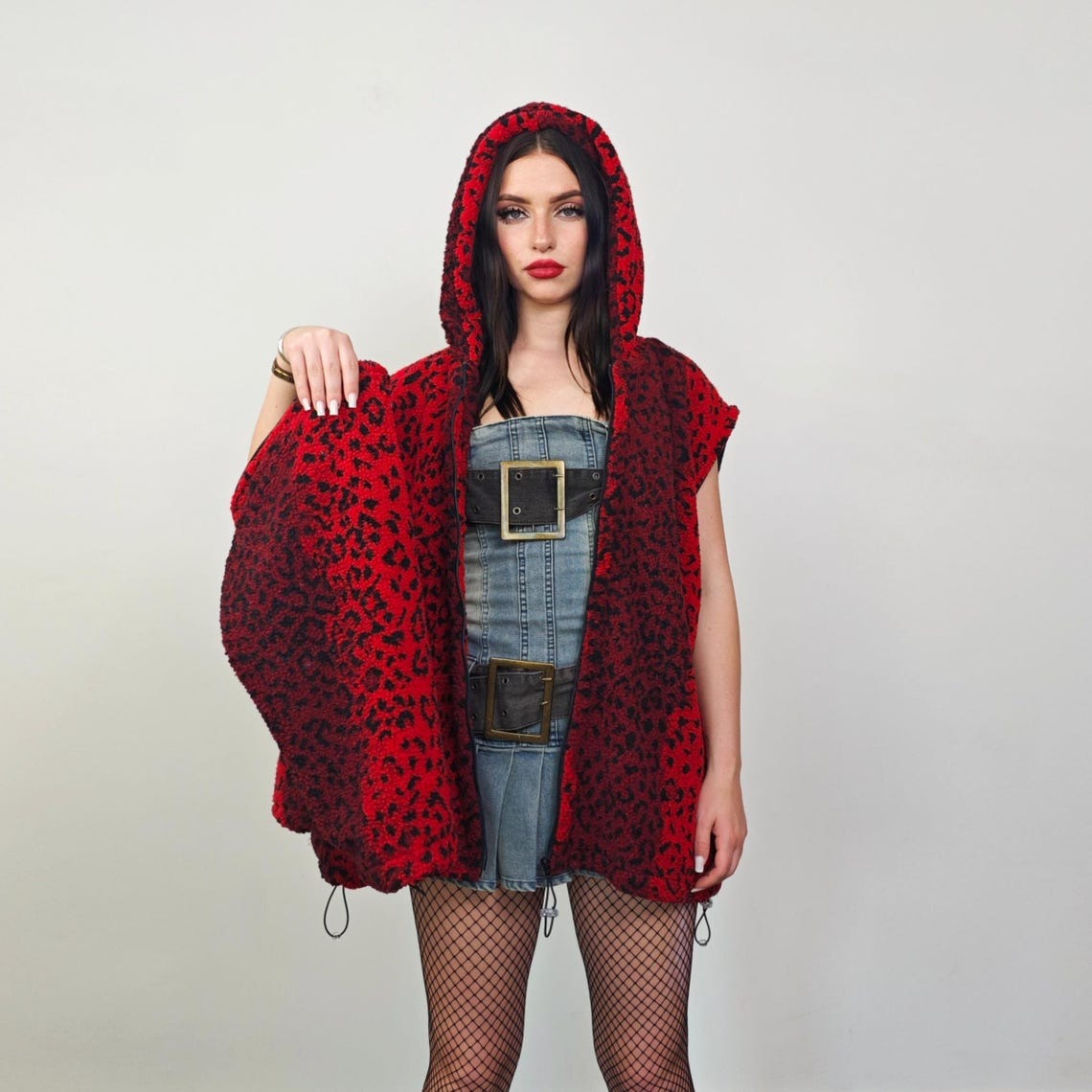 Animal print hooded jacket red leopard fleece bomber padded cheetah pullover detachable sleeves handmade top spot pattern festival overcoat