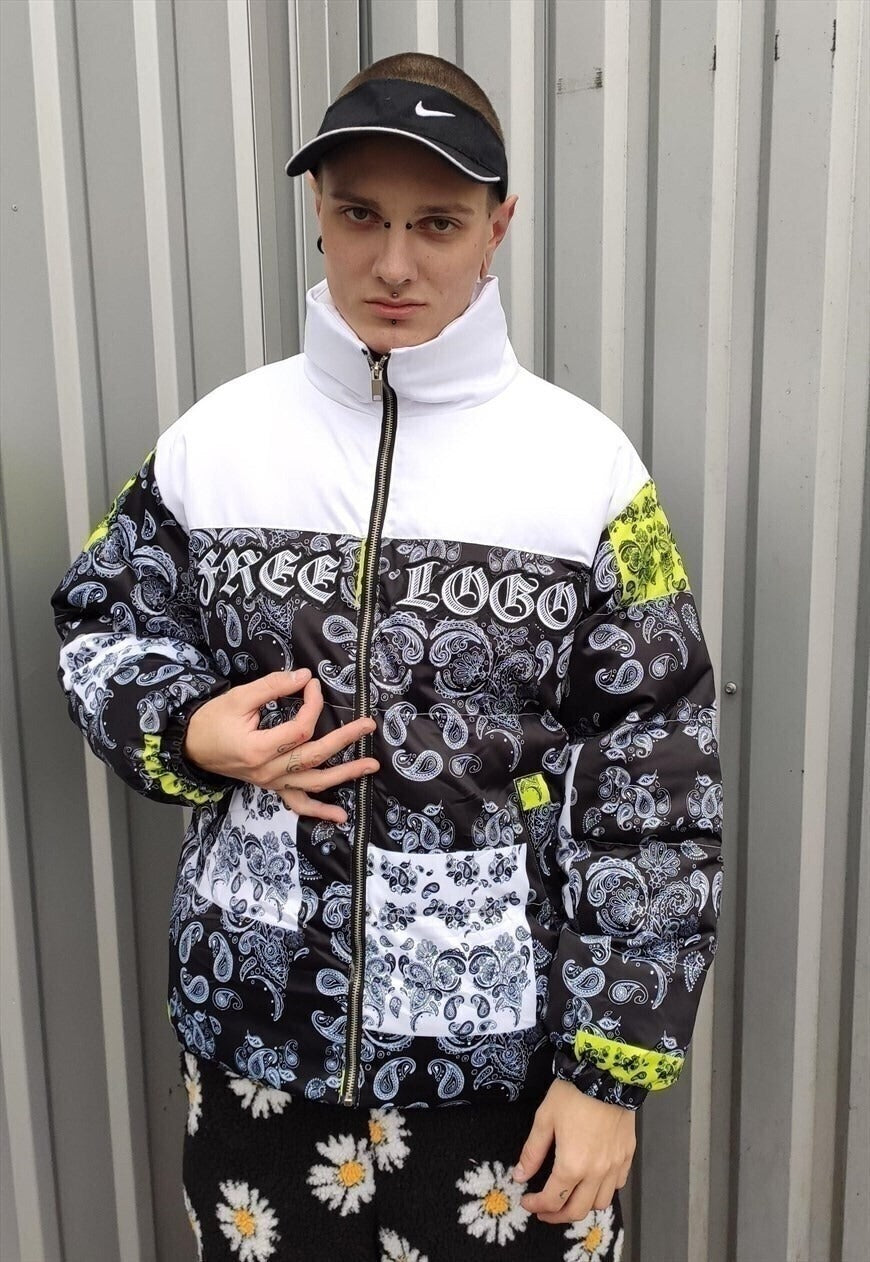 Paisley print bomber bandana puffer jacket in white black