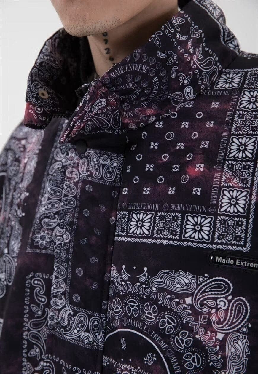 Checked paisley print bomber bandana denim jacket in black