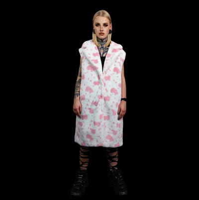 Cow print long coat hooded spot trench fluffy rave bomber detachable fleece festival removable sleeves burning man jacket pastel pink