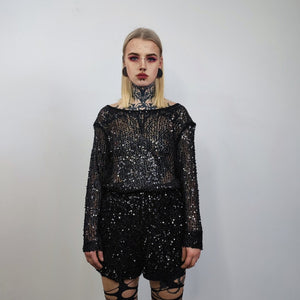 Transparent sequin top black embellished mesh sweatshirt sheer blouse shiny glam catwalk jumper party see-through top festival glitter tee