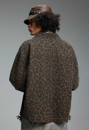 Leopard denim jacket animal print jean bomber cheetah coat