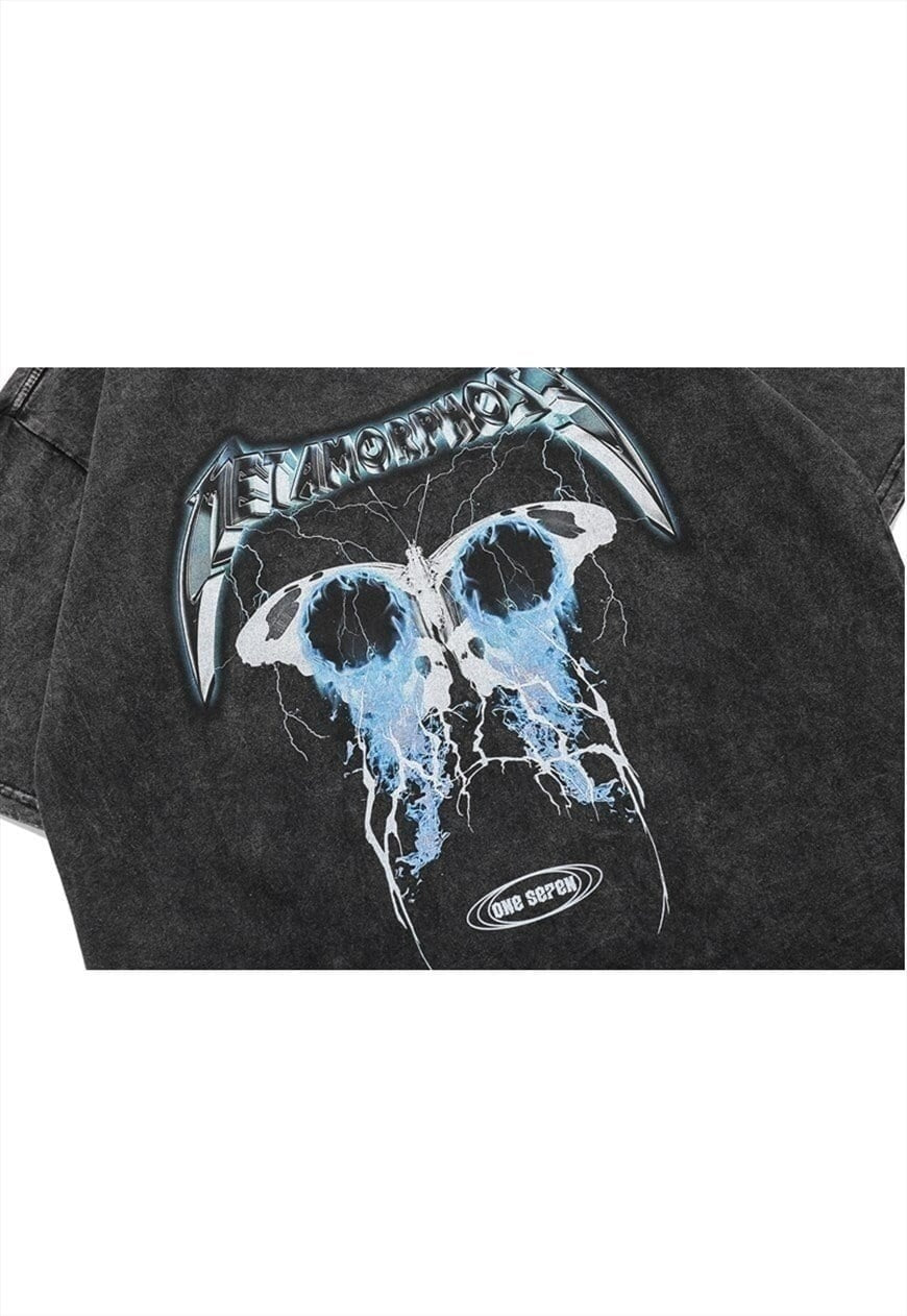 Metalcore t-shirt butterfly tee vintage wash top acid grey