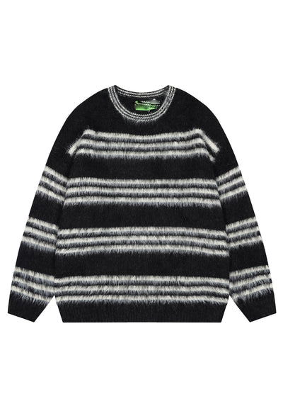 Striped fluffy sweater black hairy jumper retro fuzzy top