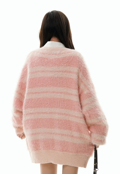 Striped cardigan fluffy jumper soft geometric pullover pink