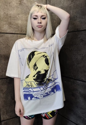 Bondage print tshirt fluorescent girl graphic tee in white