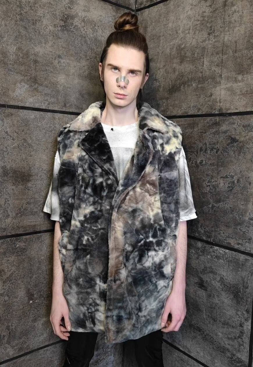 Tie-dye fleece jacket handmade 2 in 1 gradient coat in grey