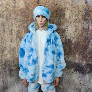 Tie-dye fleece jacket handmade pastel faux fur coat rave jacket premium fluffy 2 in 1 hooded festival bomber detachable puffer in sky blue