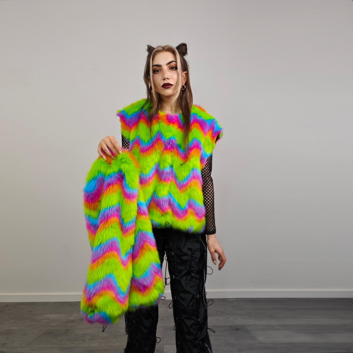Rainbow faux fur coat short striped collarless jacket unicorn trench fluffy detachable sleeves handmade festival overcoat burning man fleece