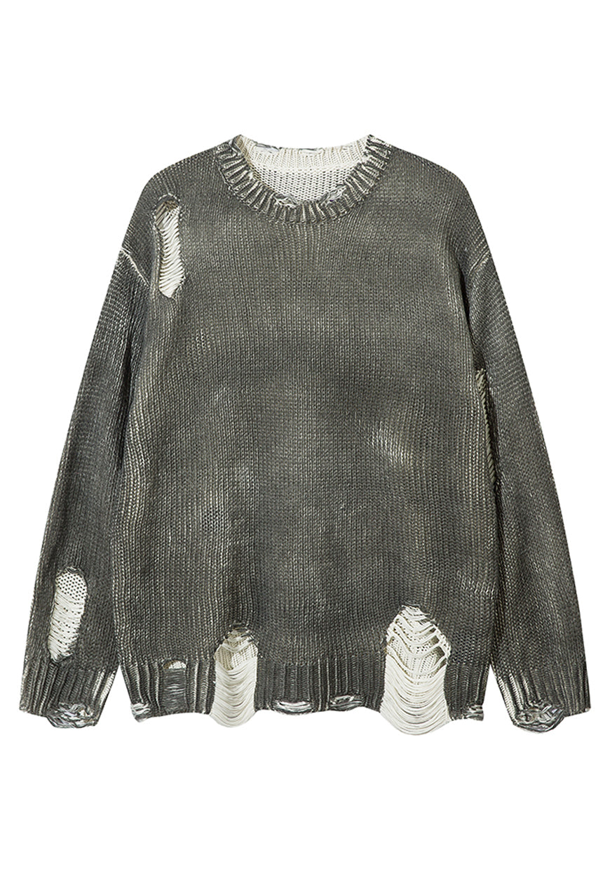 Oil wash ripped sweater grey knitted distressed punk jumper