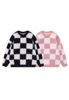 Checkboard sweater fluffy knitted jumper soft check top pink