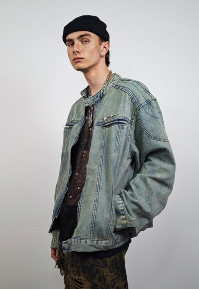 Denim varsity jacket round neck bleached jean college bomber