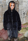 Long fleece coat faux fur hooded bomber long trench in black