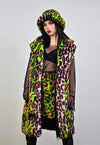 Leopard fauxfur coat green neon animal print festival trench